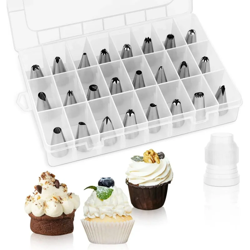 "24 Pcs Icing Nozzle Set with Plastic Storage Box – Stainless Steel Piping Tips for Cake Decorating, Reusable & Easy to Clean"